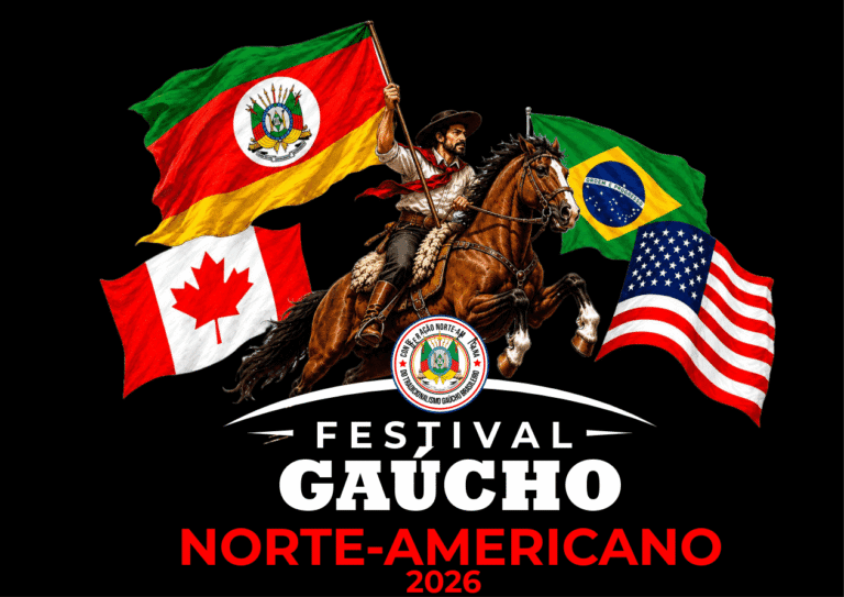 Cartaz do Festival Gaúcho Norte-Americano 2026, com cavaleiro a cavalo e bandeiras do RS, Brasil, Canadá e EUA