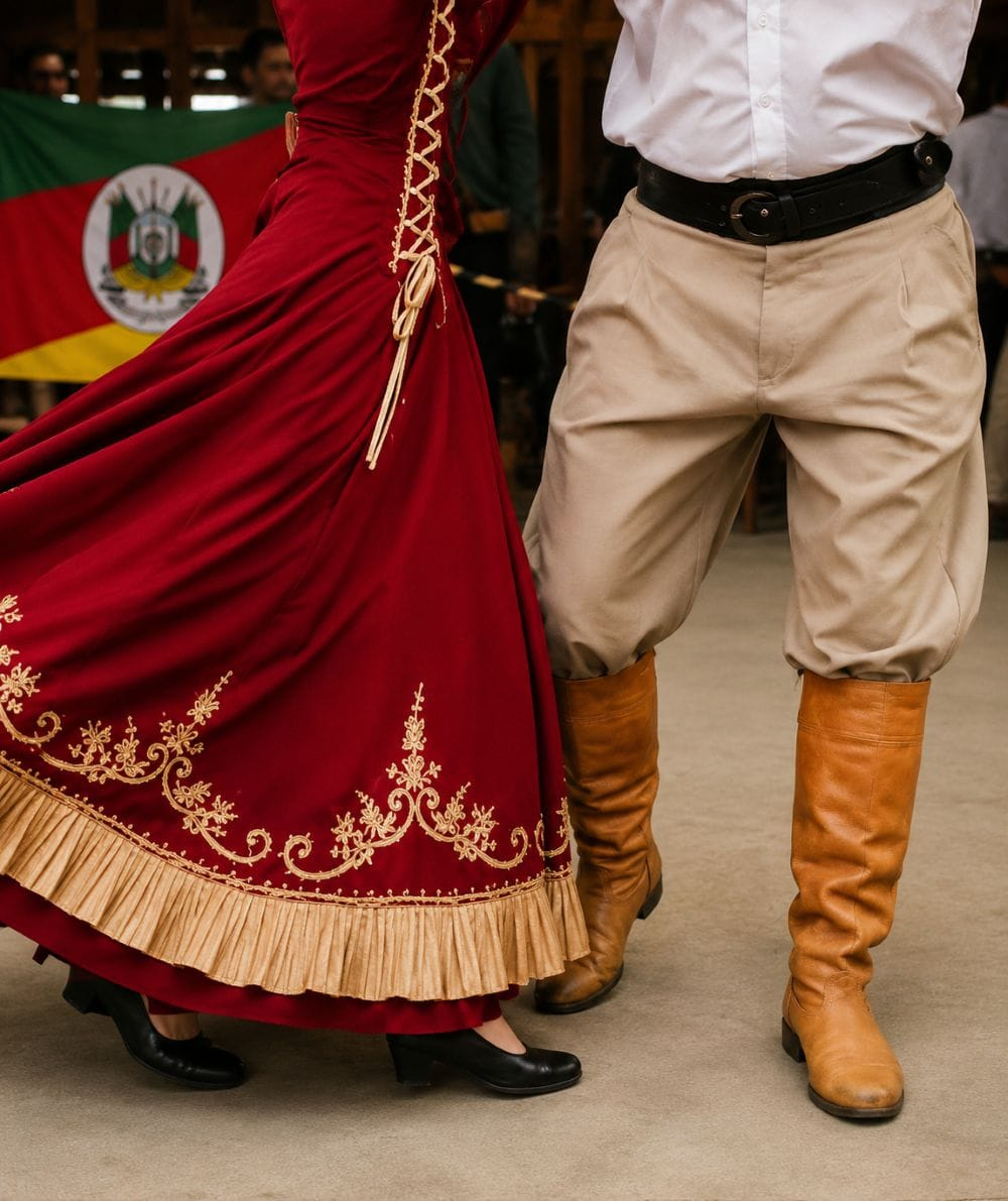 Casal dançando com trajes típicos gaúchos, com a bandeira do Rio Grande do Sul ao fundo