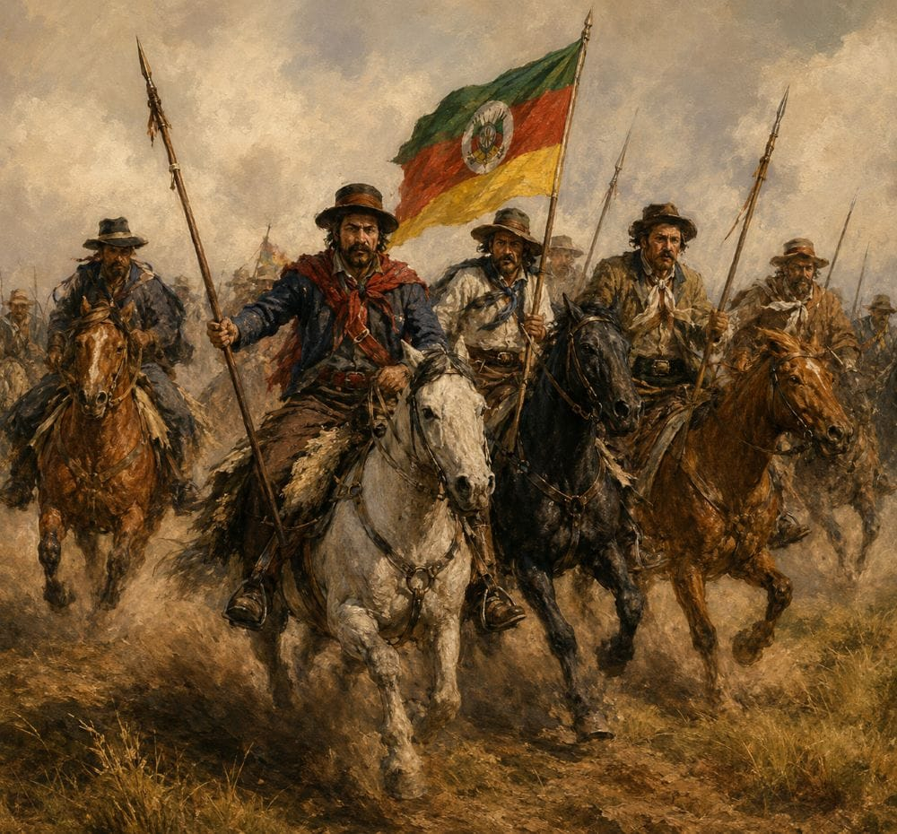Cavaleiros gaúchos montados, liderando uma marcha com a bandeira do Rio Grande do Sul ao fundo