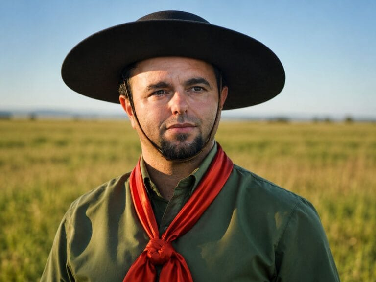 Homem com chapéu preto e lenço vermelho em um campo aberto