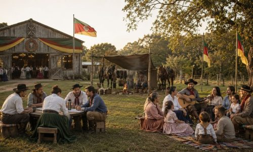 Encontro tradicional ao ar livre com pessoas sentadas em roda, música, cavalos e bandeiras em frente a um galpão rural