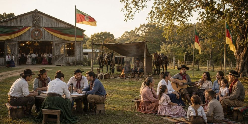 Encontro tradicional ao ar livre com pessoas sentadas em roda, música, cavalos e bandeiras em frente a um galpão rural